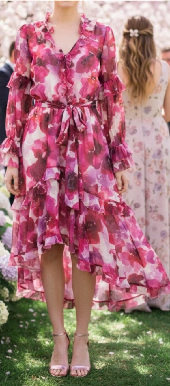 NWT MARCHESA ROSA DRESS PINK WEDDING GUEST FLORAL ASYMMETRIC MAXI SPRING FORMAL